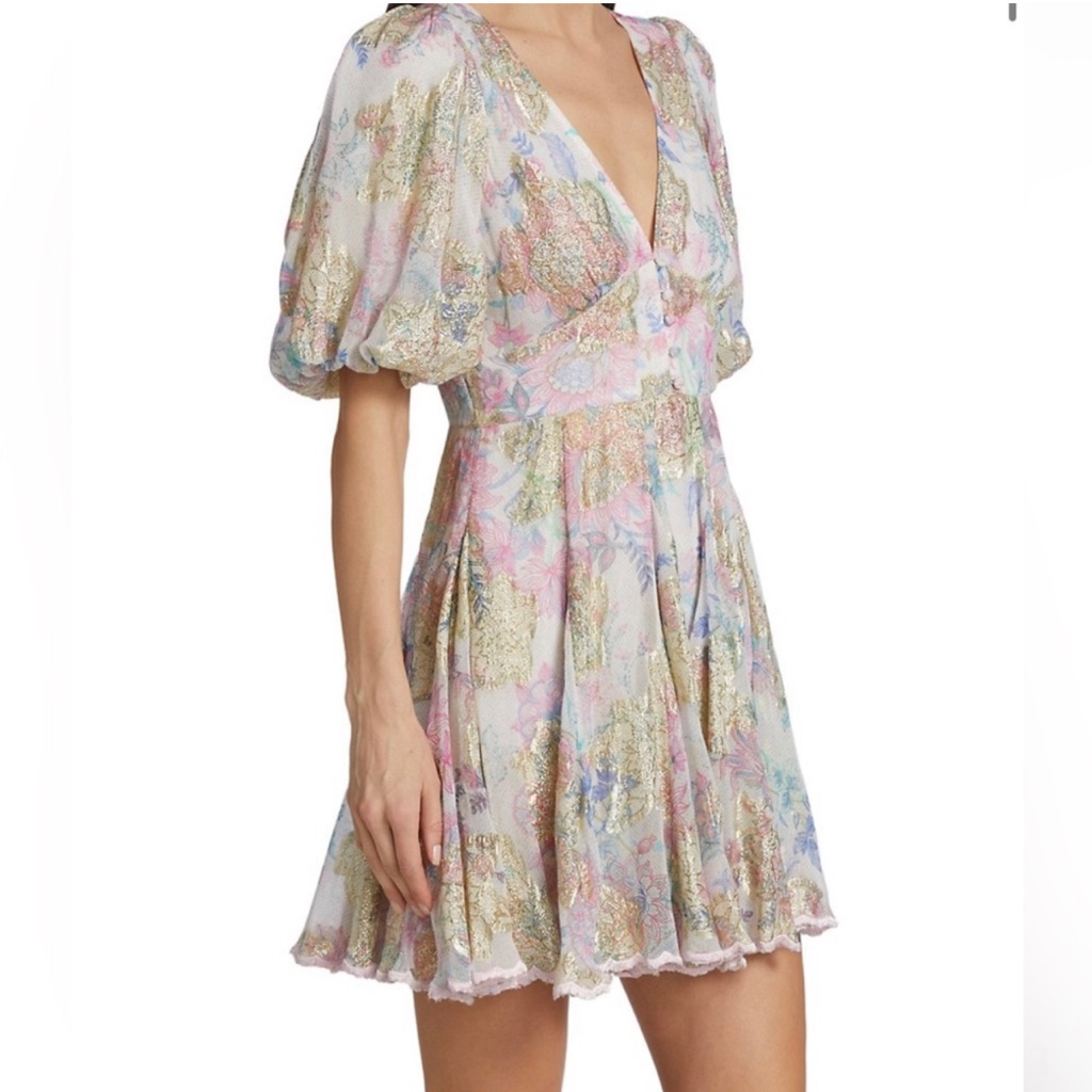 Hemant & Nandita Metallic Floral Puff Sleeve Mini Dress